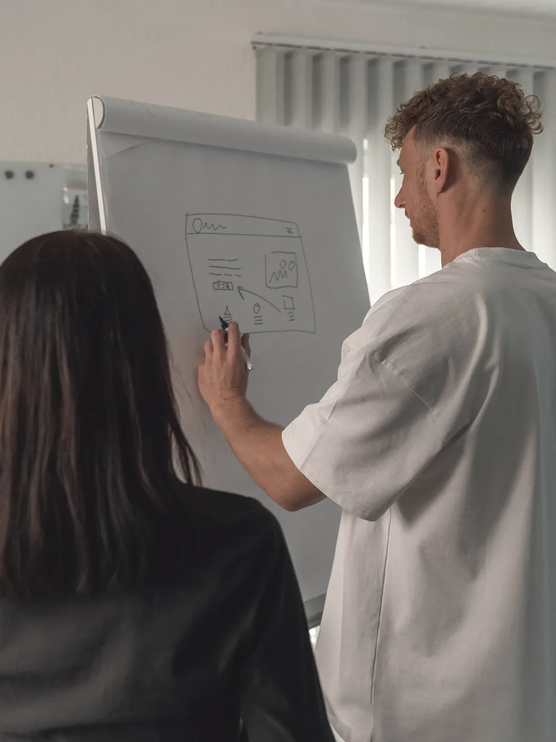 Eugen Minnich skizziert gemeinsam mit einer Kundin den Aufbau einer Website am Flipchart